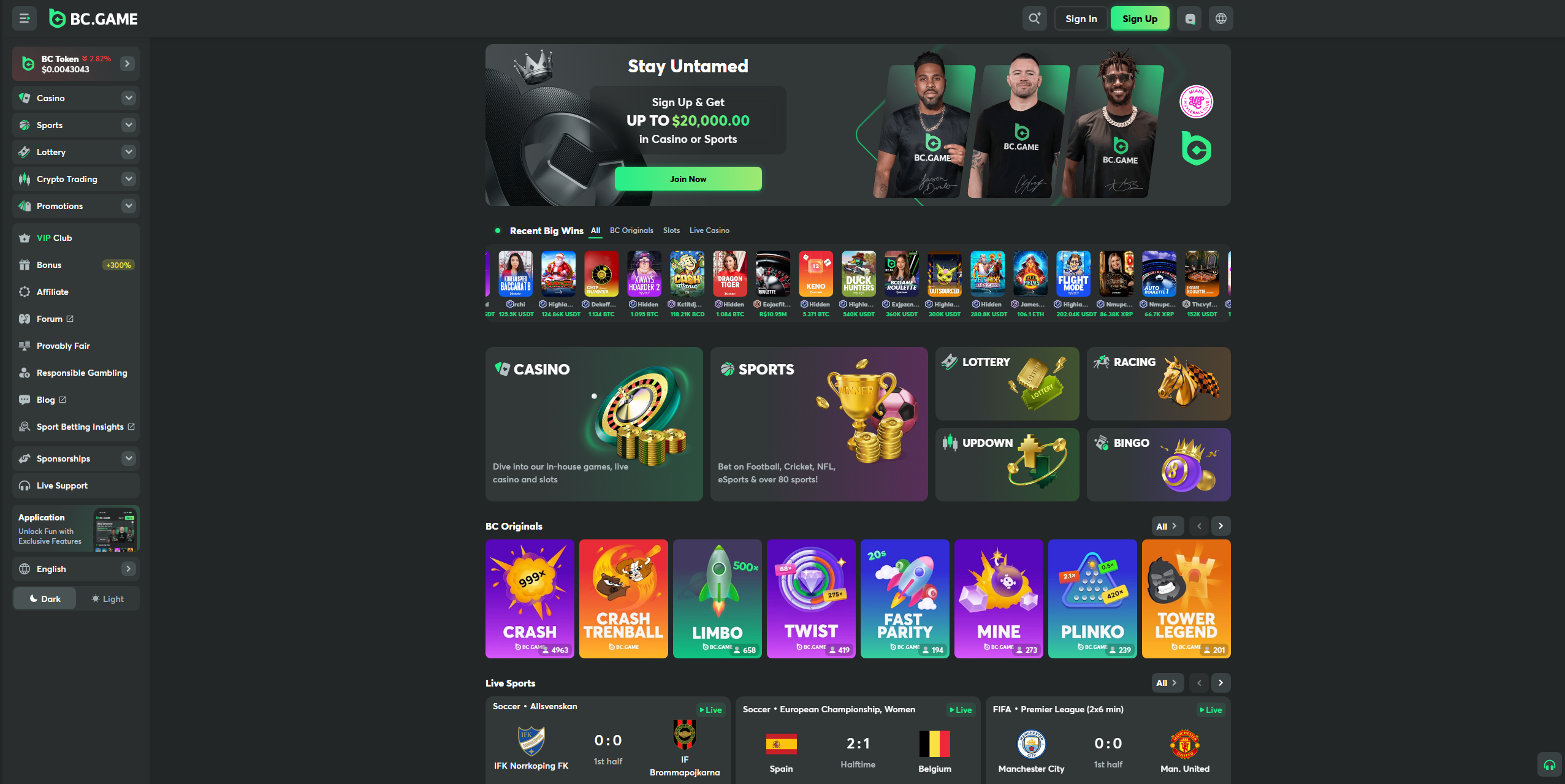 BC.Game casino homepage showing Cardano (ADA) gambling options, instant crypto deposits, and secure betting interface