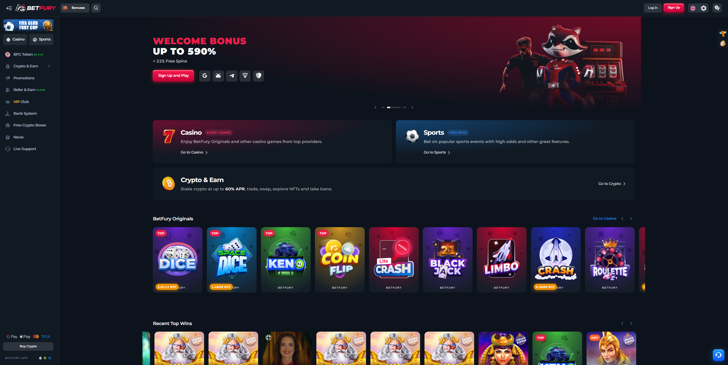 BetFury.com casino homepage showing Cardano (ADA) gambling options, instant crypto deposits, and secure betting interface