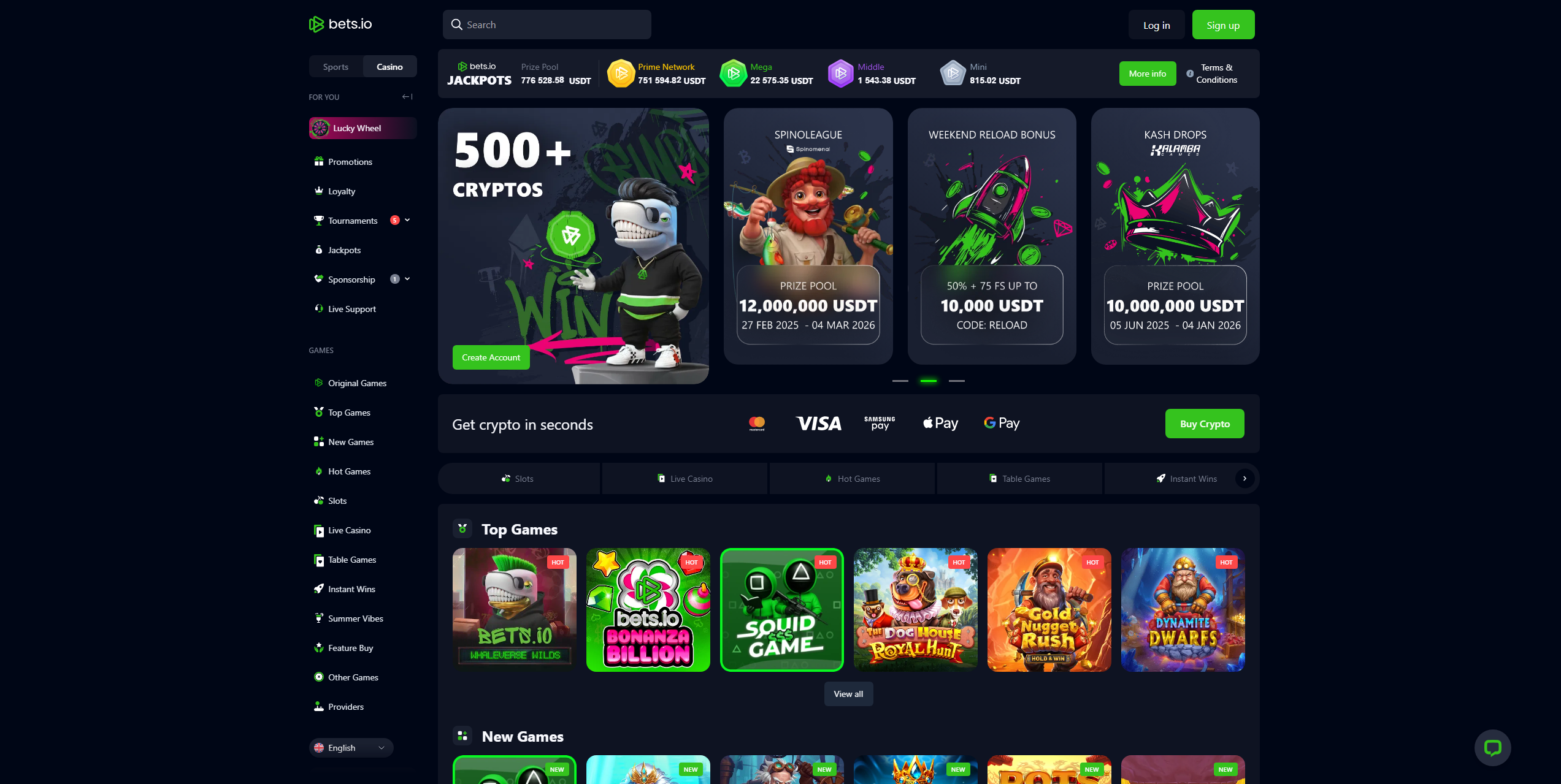 Bets.io casino homepage showing Cardano (ADA) gambling options, instant crypto deposits, and secure betting interface
