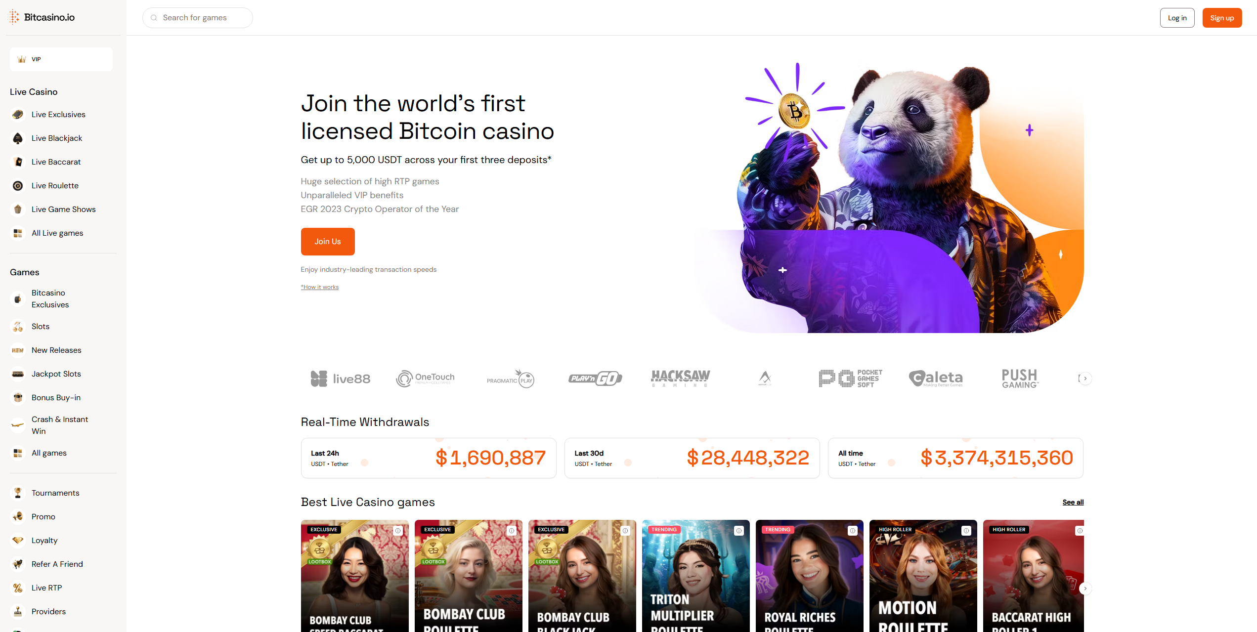 Bitcasino.io casino homepage showing Cardano (ADA) gambling options, instant crypto deposits, and secure betting interface