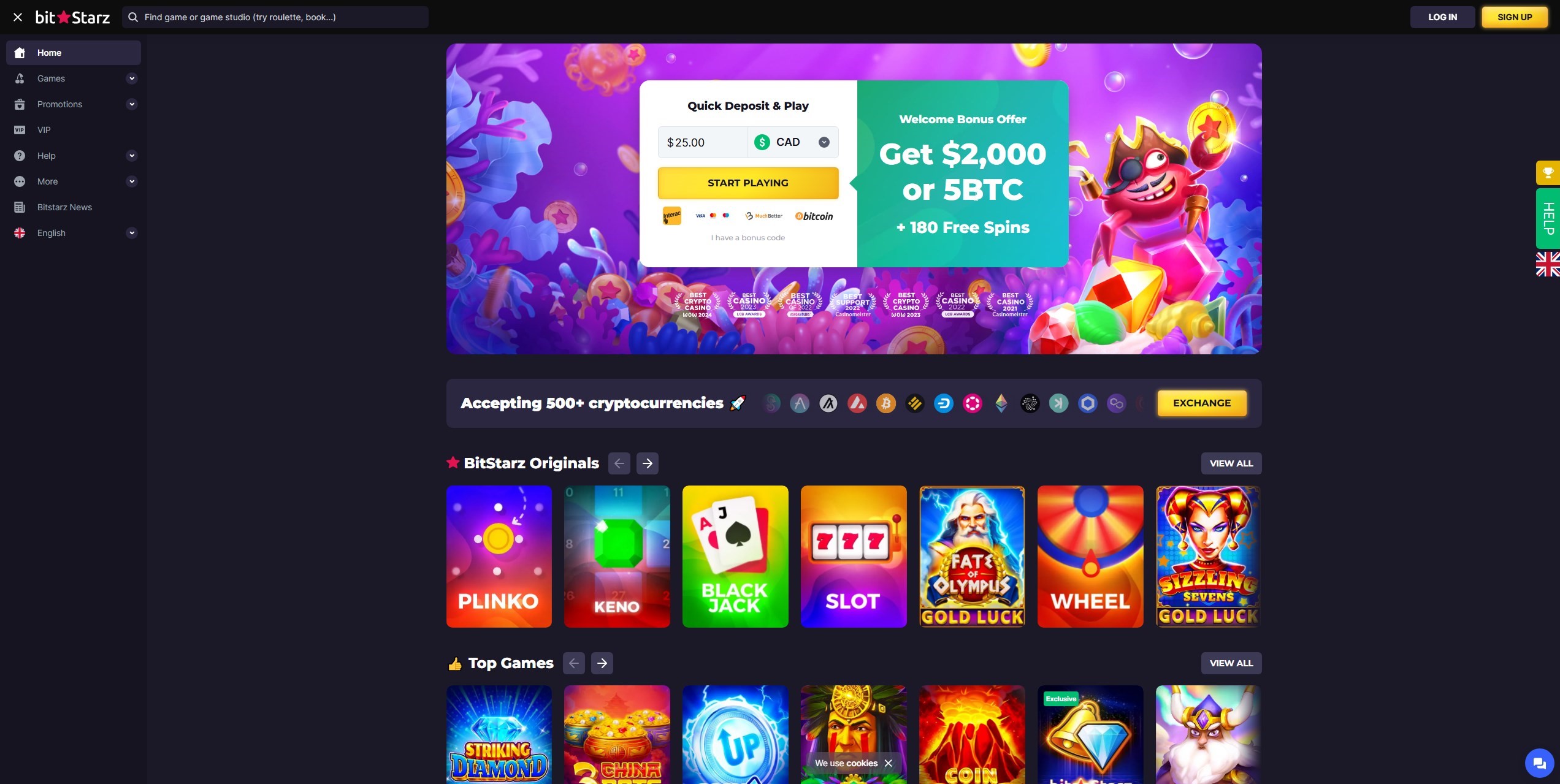 BitStarz.com casino homepage showing Cardano (ADA) gambling options, instant crypto deposits, and secure betting interface