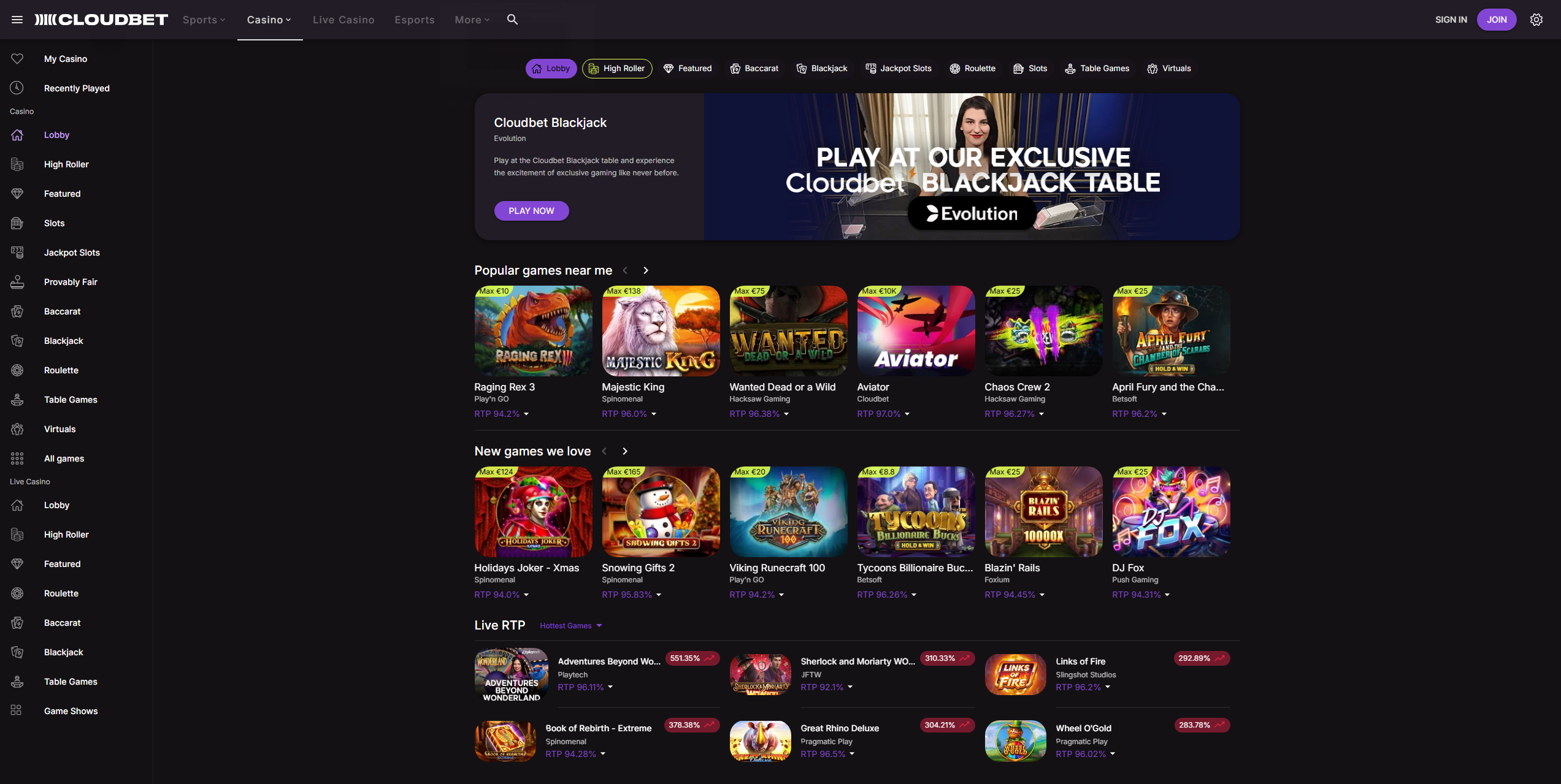 Cloudbet.com casino homepage showing Cardano (ADA) gambling options, instant crypto deposits, and secure betting interface