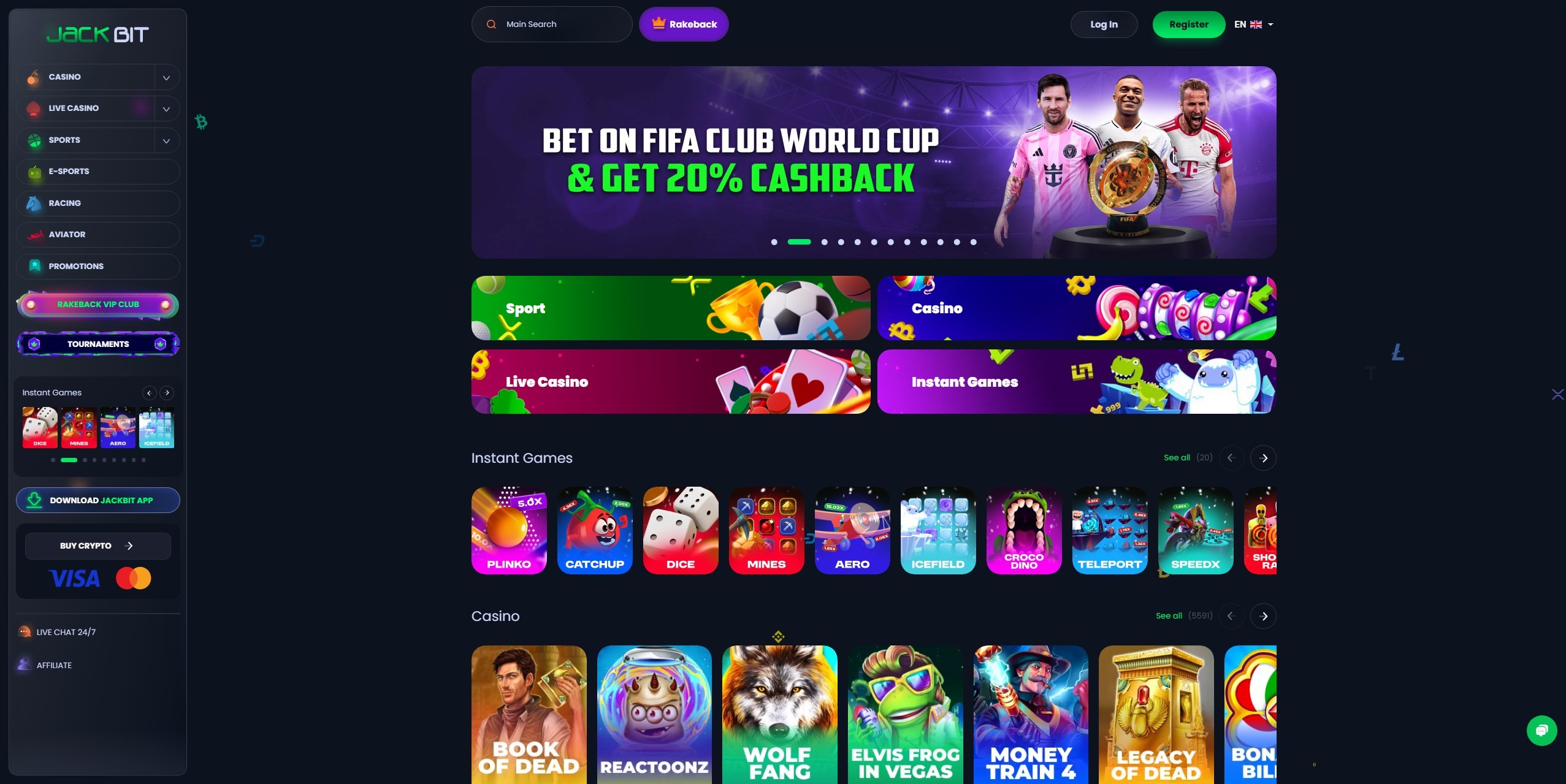 Jackbit.com casino homepage showing Cardano (ADA) gambling options, instant crypto deposits, and secure betting interface