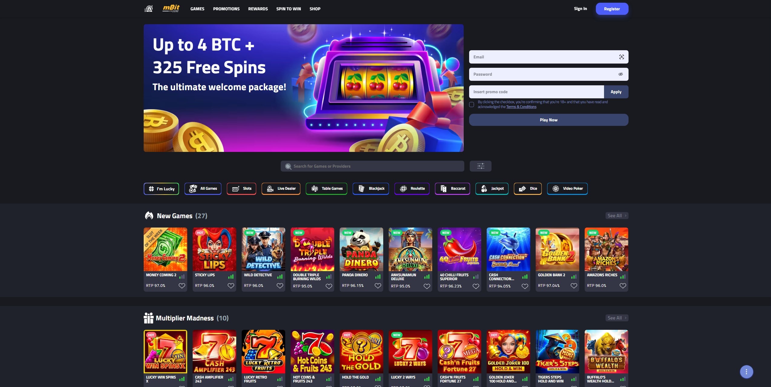 mBitCasino.io casino homepage showing Cardano (ADA) gambling options, instant crypto deposits, and secure betting interface