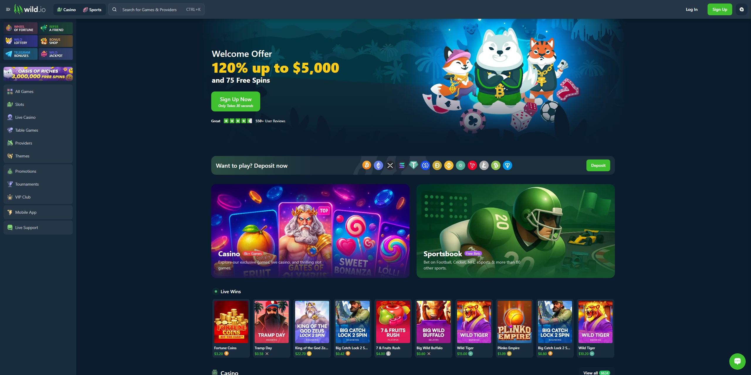 Wild.io casino homepage showing Cardano (ADA) gambling options, instant crypto deposits, and secure betting interface