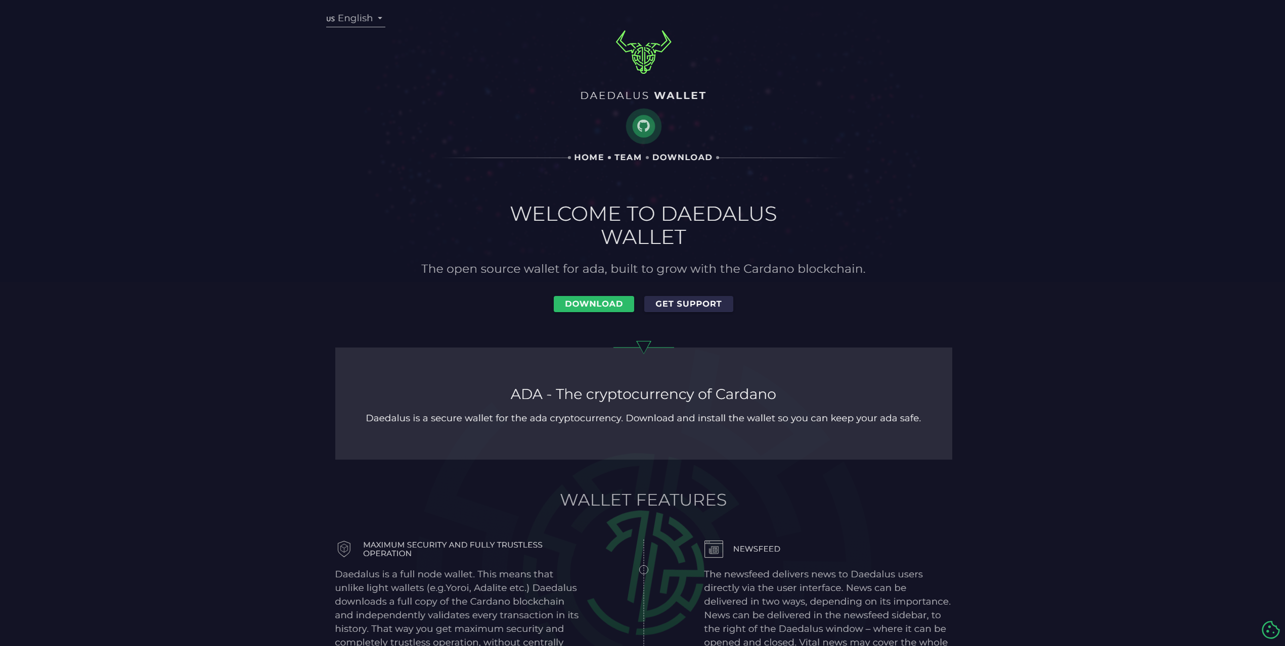 Daedalus hardware wallet showing Cardano (ADA) secure storage, crypto protection features, and hardware security interface