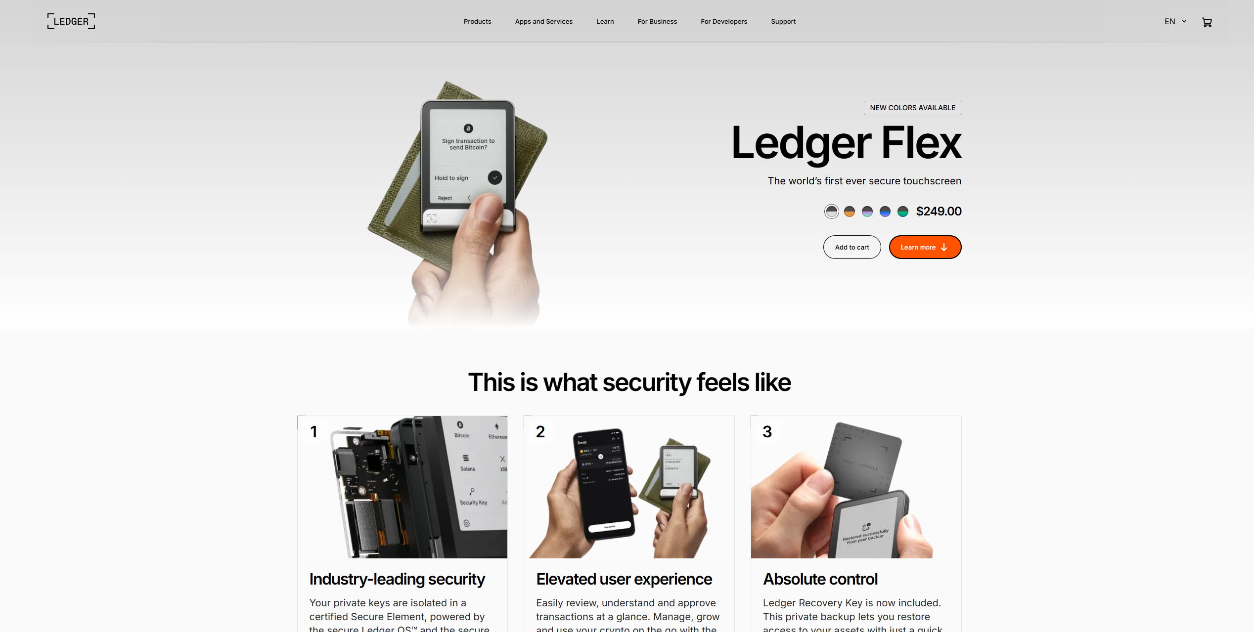 Ledger Flex hardware wallet showing Cardano (ADA) secure storage, crypto protection features, and hardware security interface
