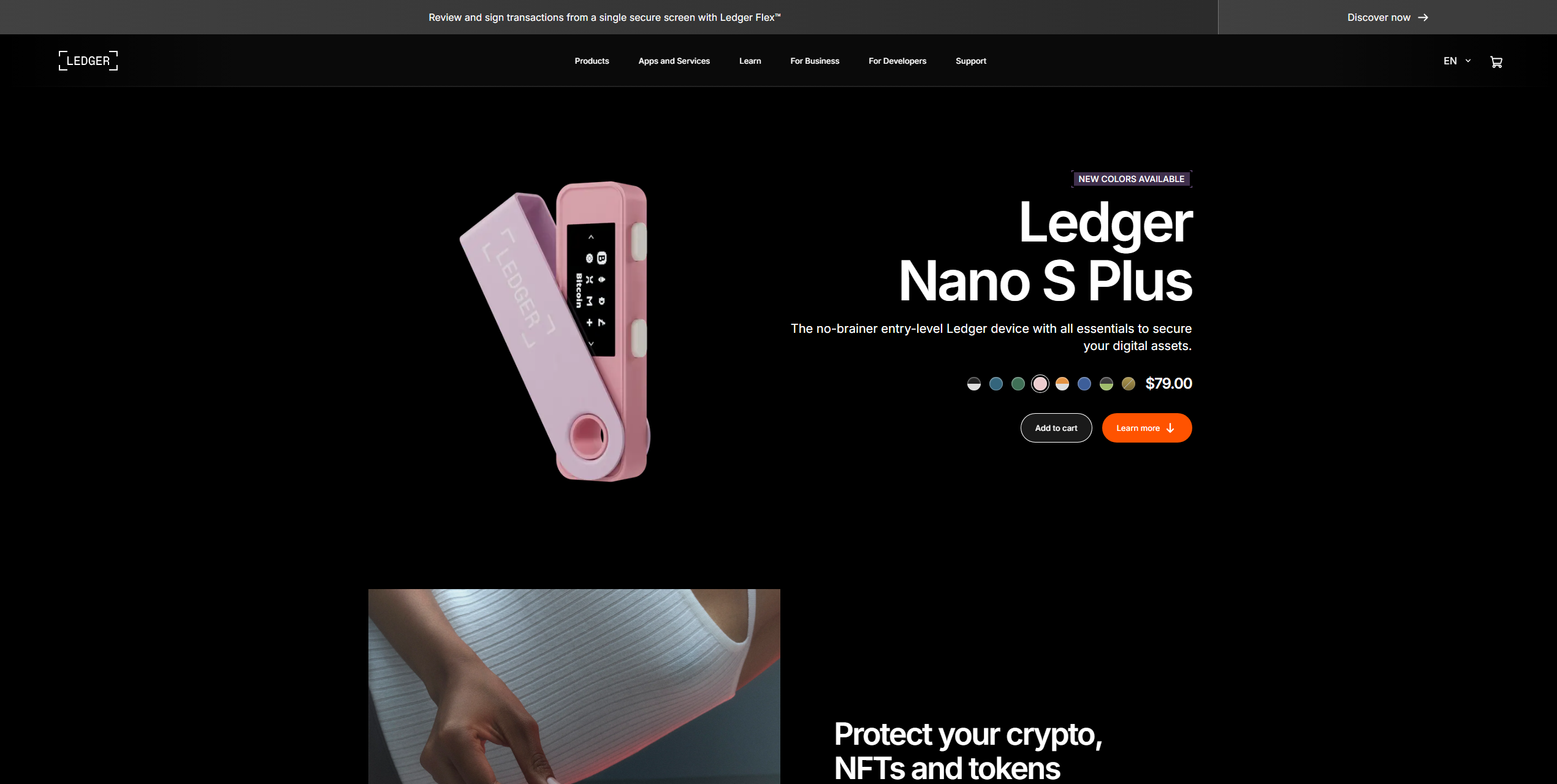 Ledger Nano S Plus hardware wallet showing Cardano (ADA) secure storage, crypto protection features, and hardware security interface