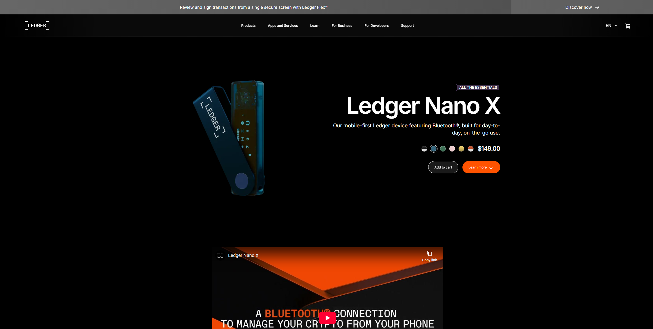 Ledger Nano X hardware wallet showing Cardano (ADA) secure storage, crypto protection features, and hardware security interface