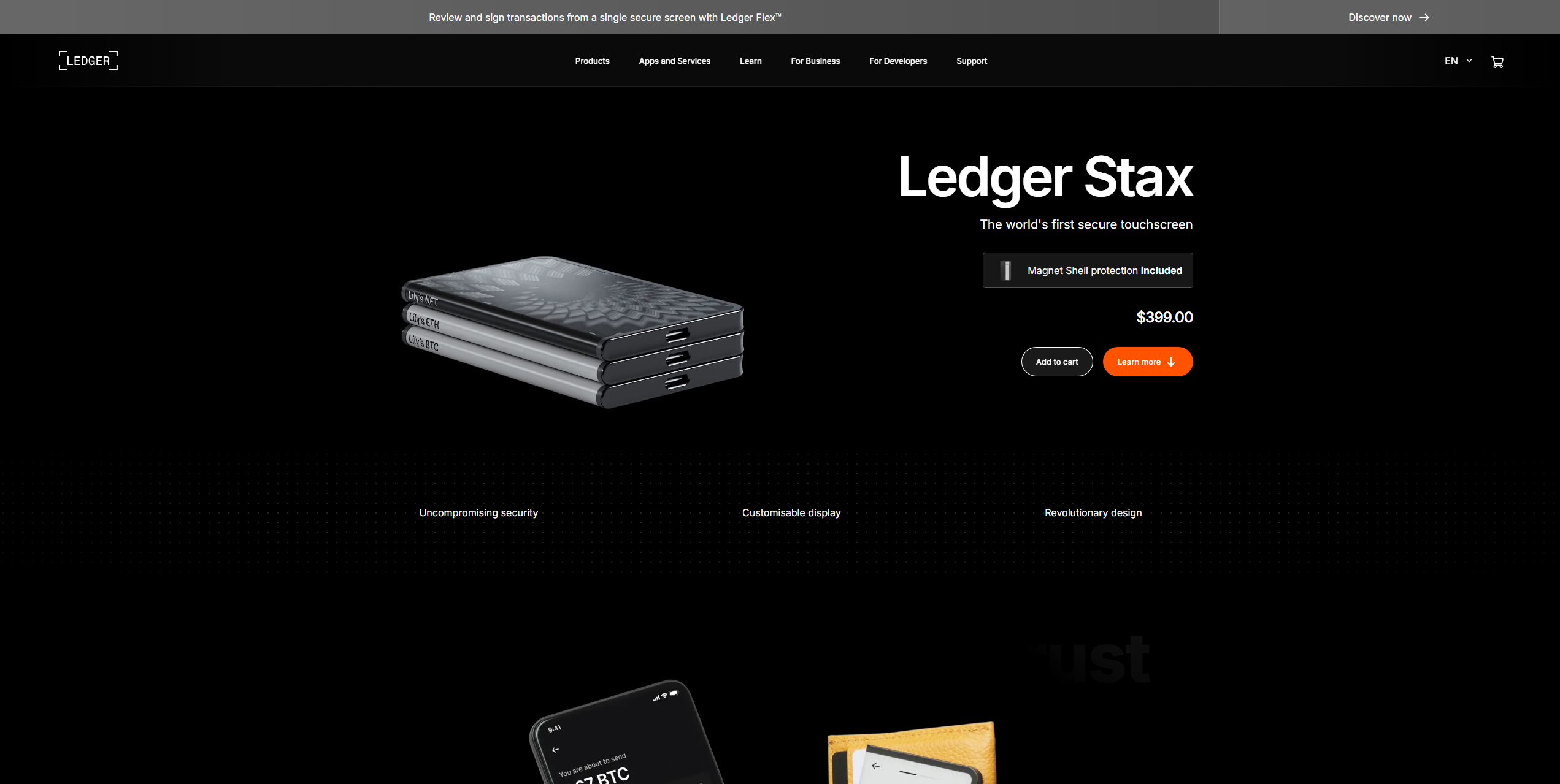 Ledger Stax hardware wallet showing Cardano (ADA) secure storage, crypto protection features, and hardware security interface