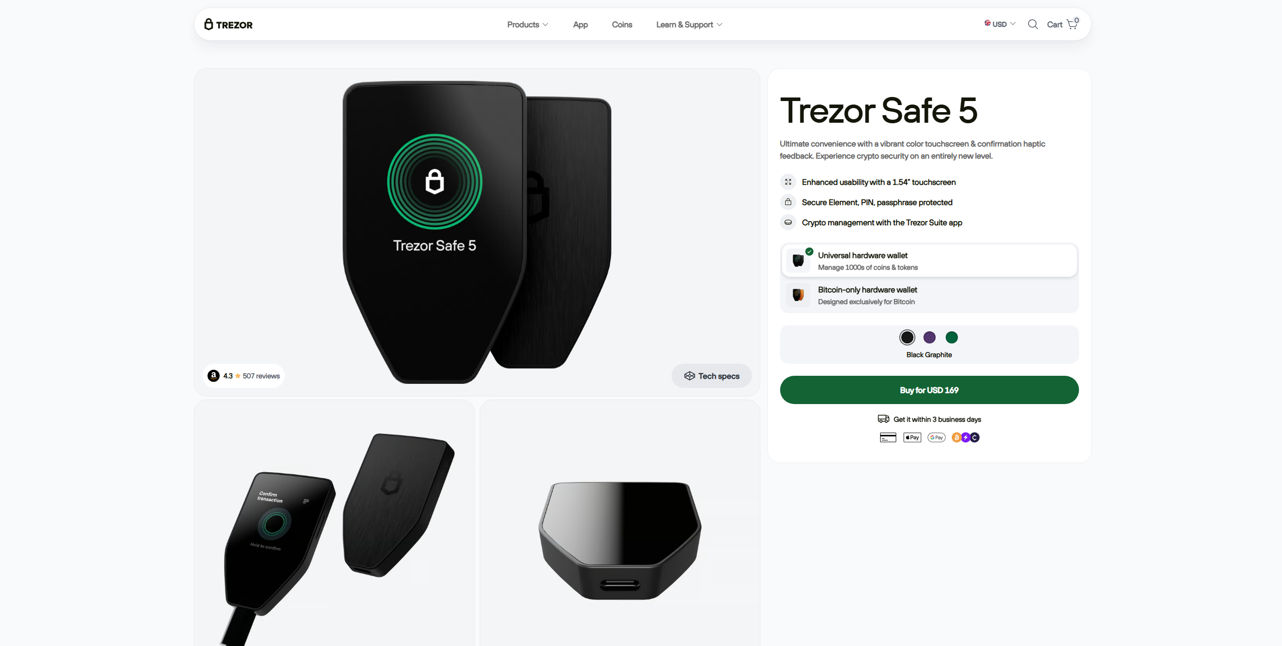 Trezor Safe 5 hardware wallet showing Cardano (ADA) secure storage, crypto protection features, and hardware security interface