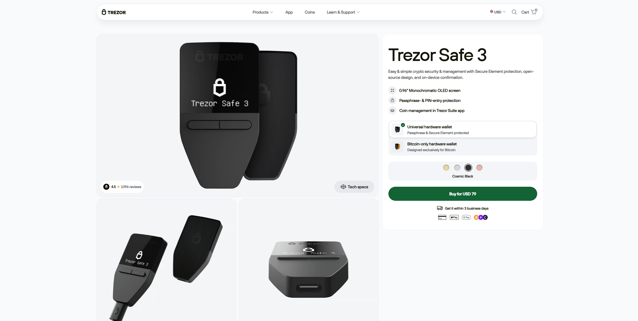 Trezor Safe 3 hardware wallet showing Cardano (ADA) secure storage, crypto protection features, and hardware security interface