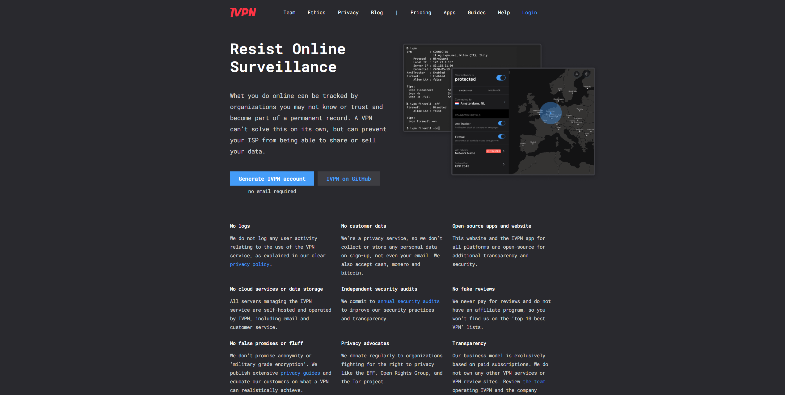 IVPN VPN homepage showing secure gambling access, Cardano casino connections, and privacy protection interface