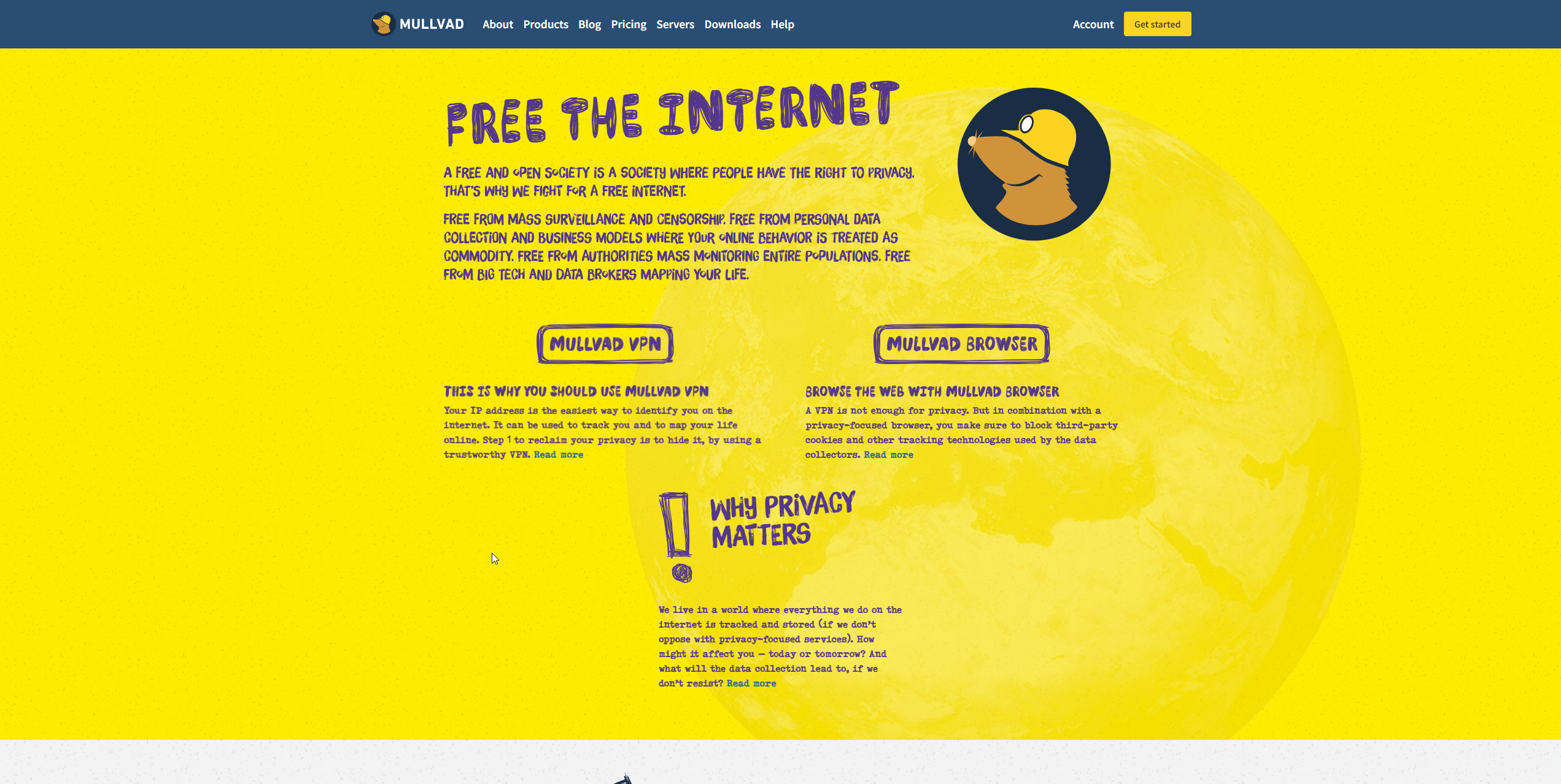 Mullvad VPN homepage showing secure gambling access, Cardano casino connections, and privacy protection interface