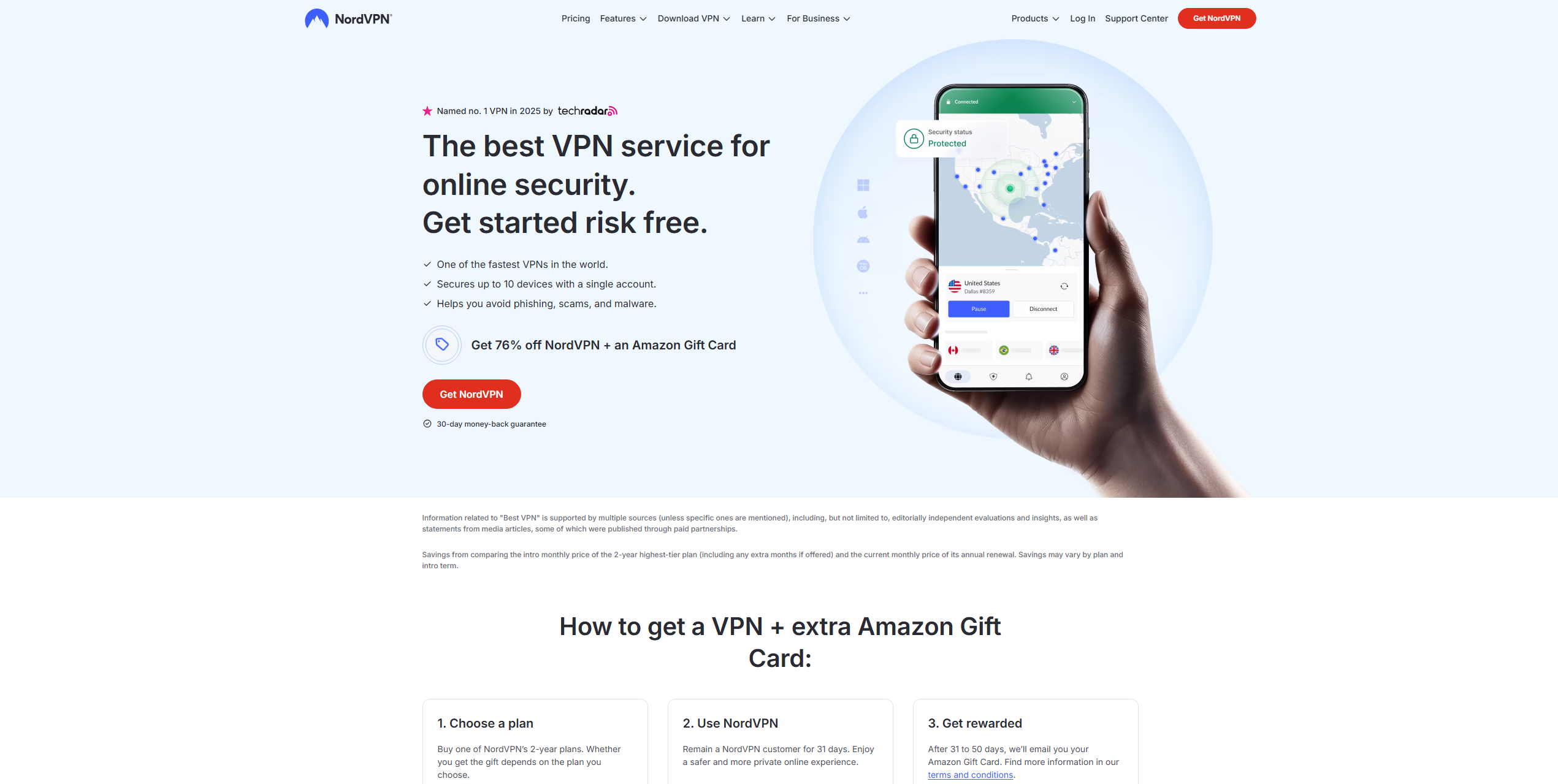 NordVPN VPN homepage showing secure gambling access, Cardano casino connections, and privacy protection interface