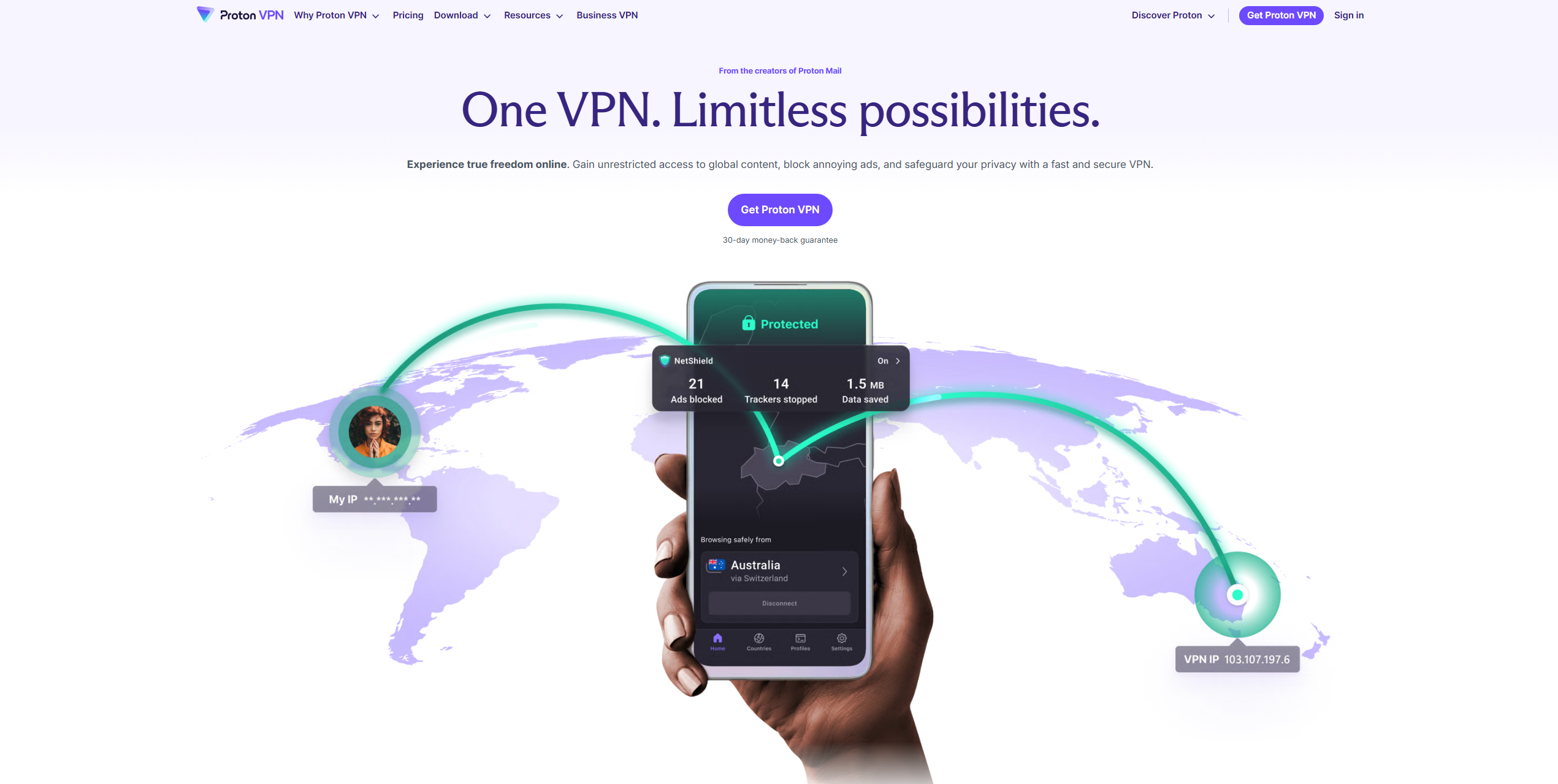 ProtonVPN VPN homepage showing secure gambling access, Cardano casino connections, and privacy protection interface