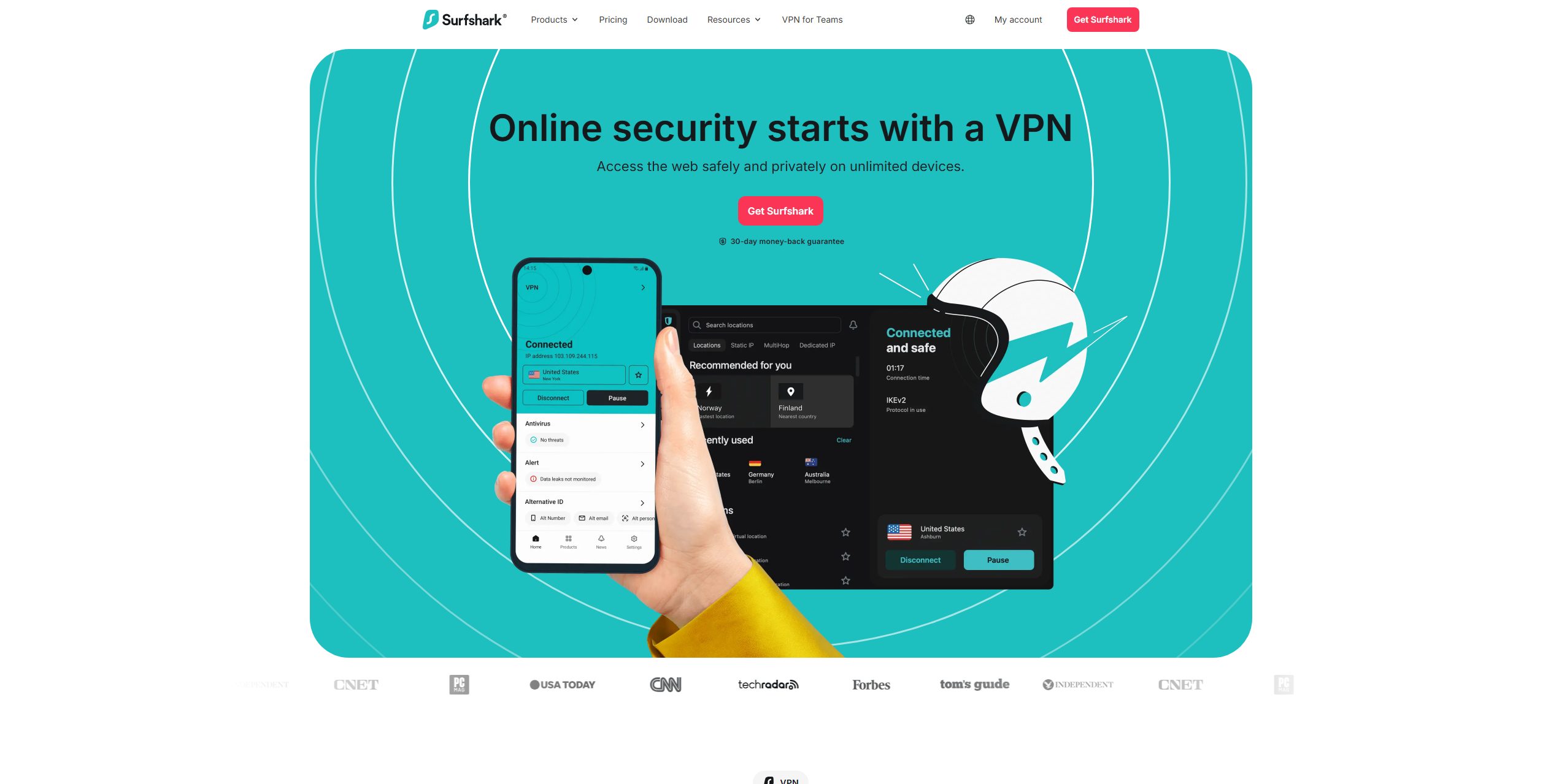 Surfshark VPN homepage showing secure gambling access, Cardano casino connections, and privacy protection interface
