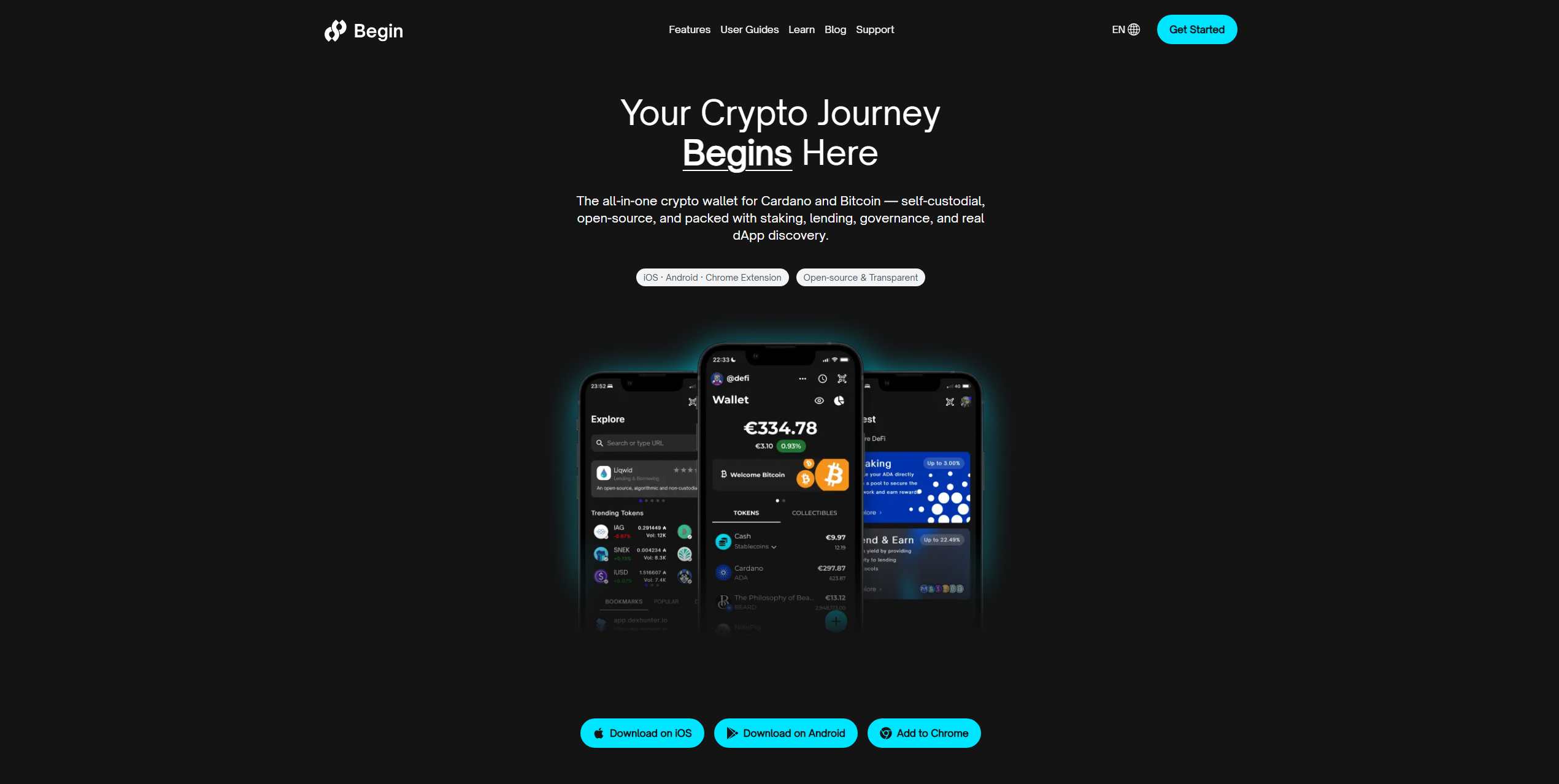 Begin wallet homepage showing Cardano (ADA) wallet features, secure storage, and DeFi integration interface
