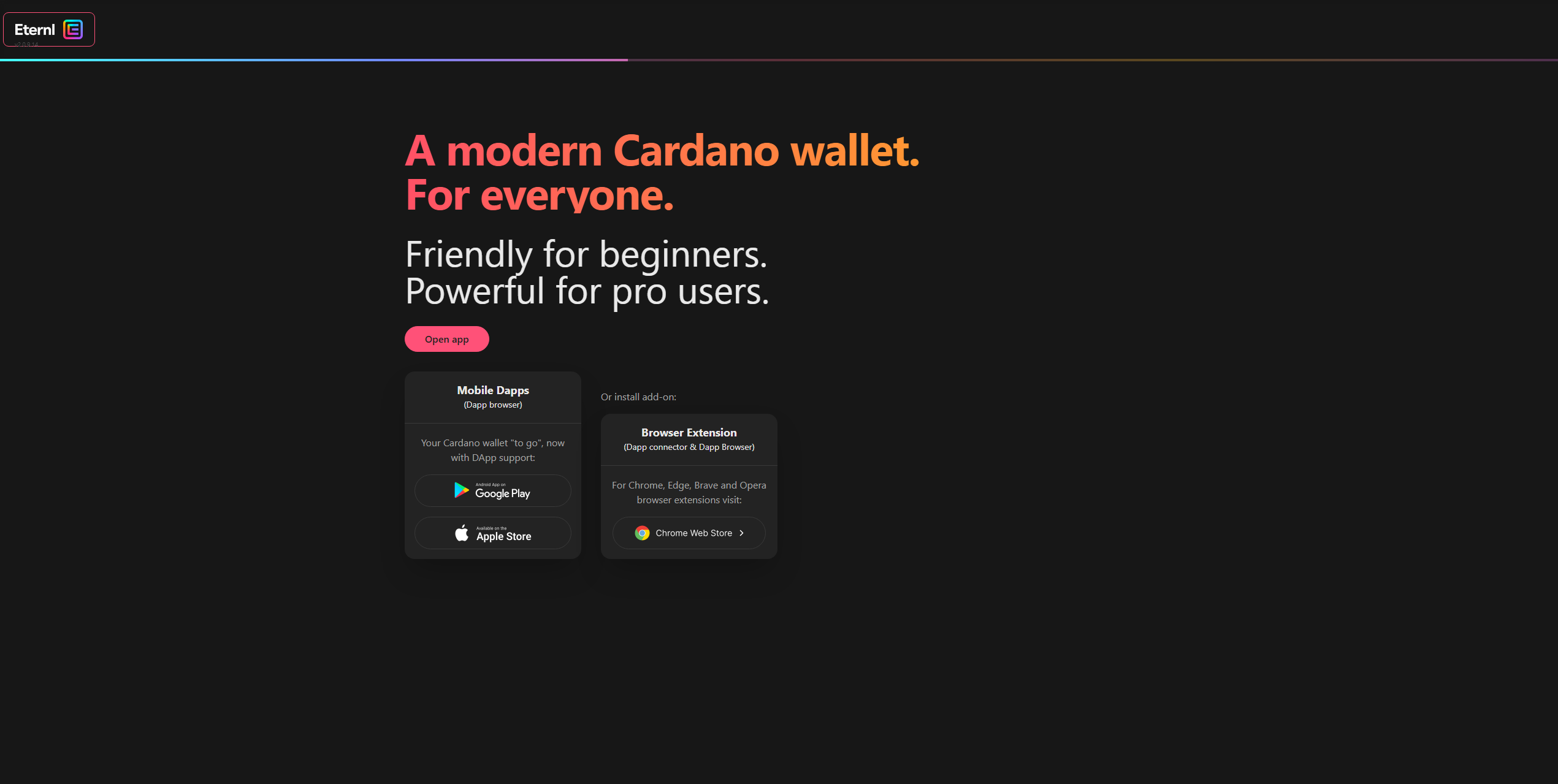 Eternl wallet homepage showing Cardano (ADA) wallet features, secure storage, and DeFi integration interface