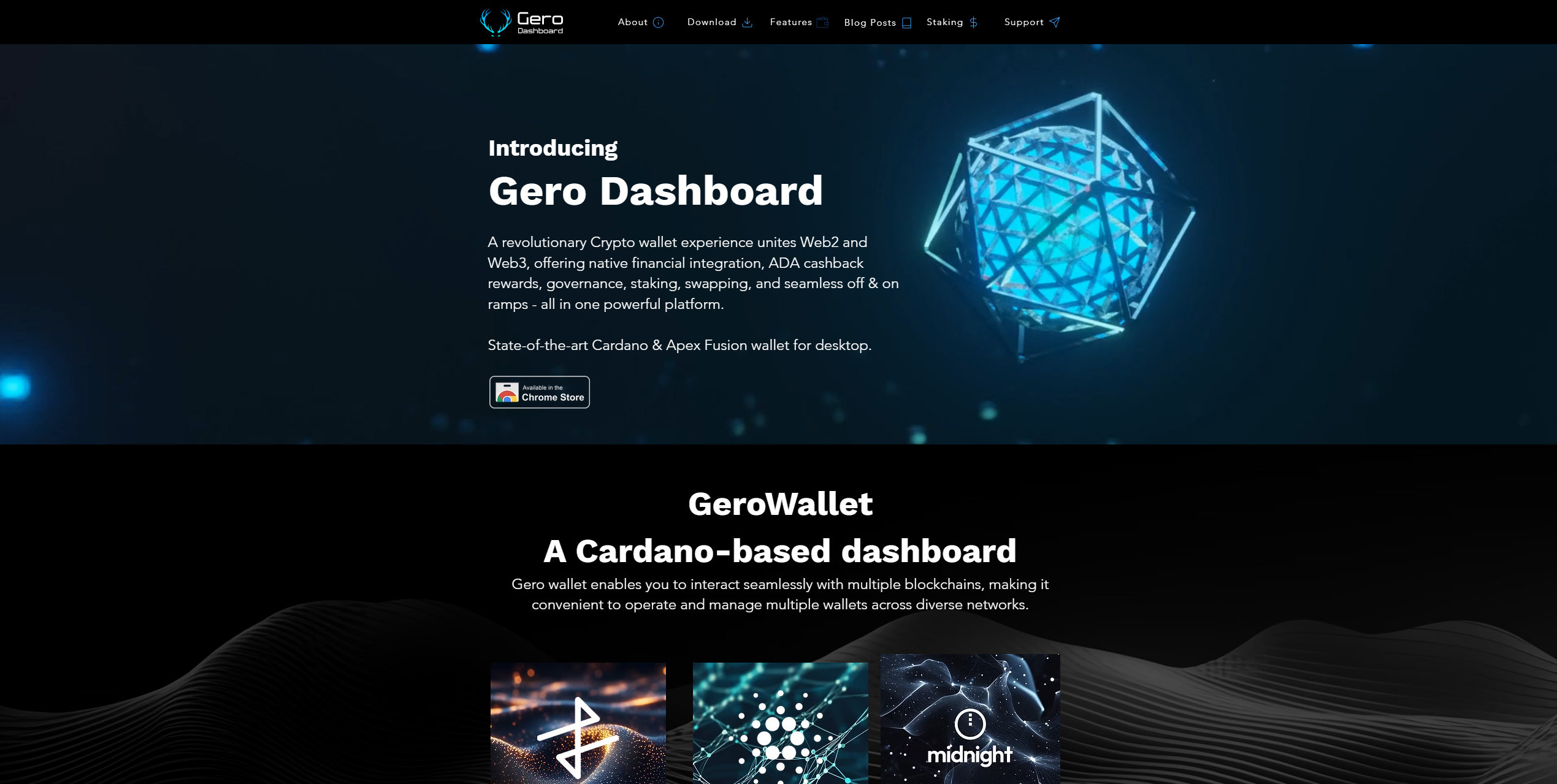 Gero wallet homepage showing Cardano (ADA) wallet features, secure storage, and DeFi integration interface