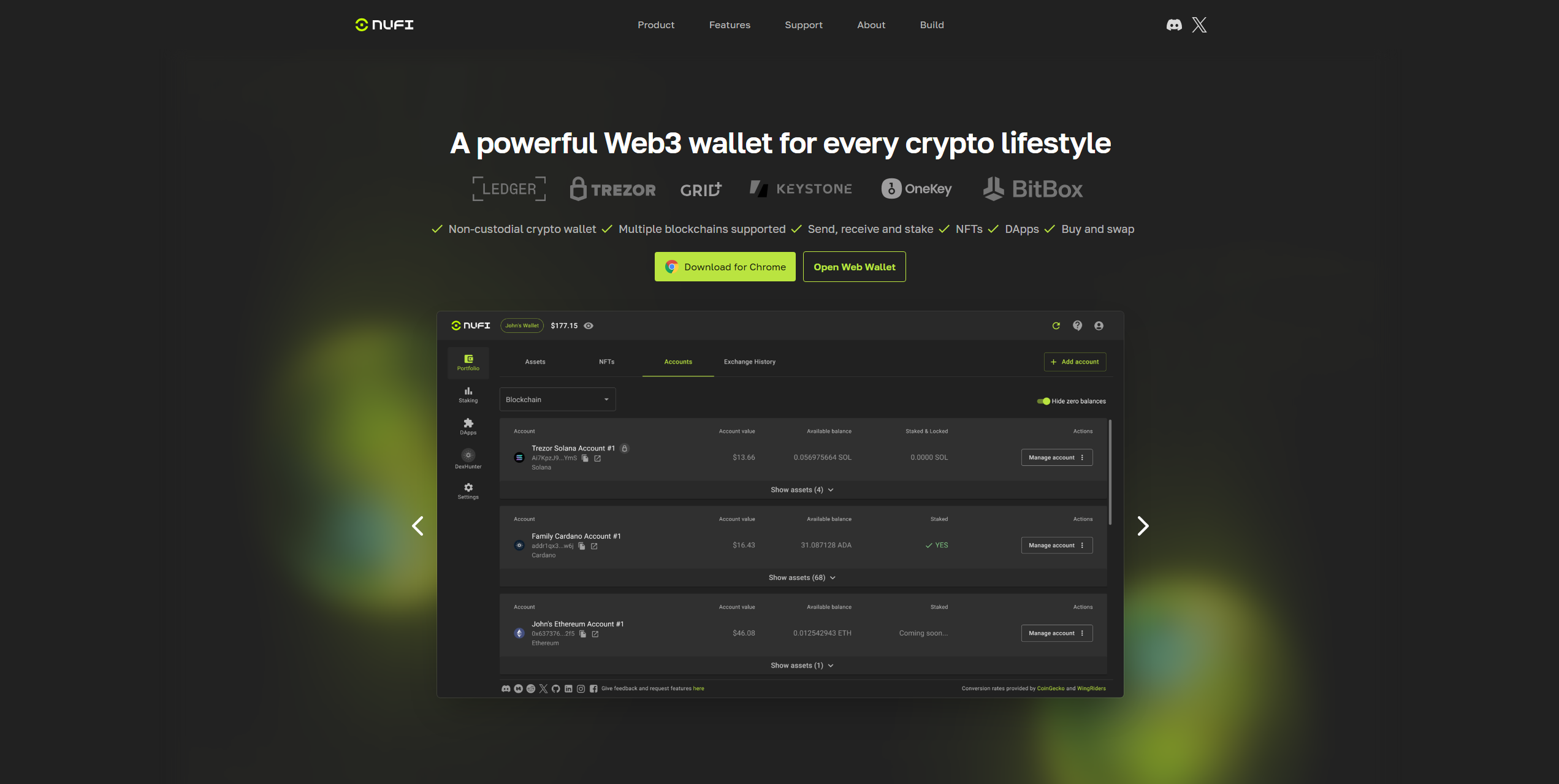 NuFi wallet homepage showing Cardano (ADA) wallet features, secure storage, and DeFi integration interface