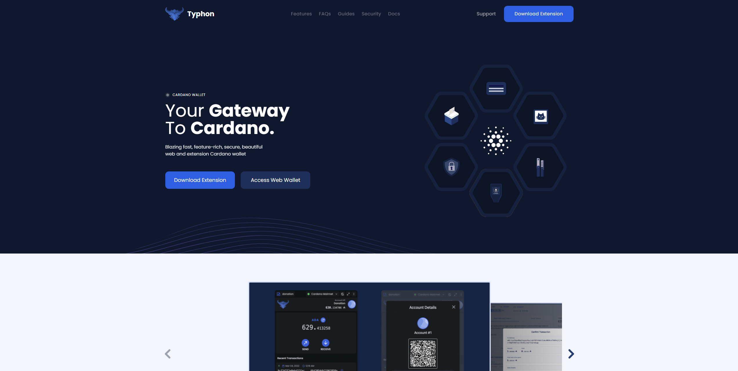 Typhon wallet homepage showing Cardano (ADA) wallet features, secure storage, and DeFi integration interface